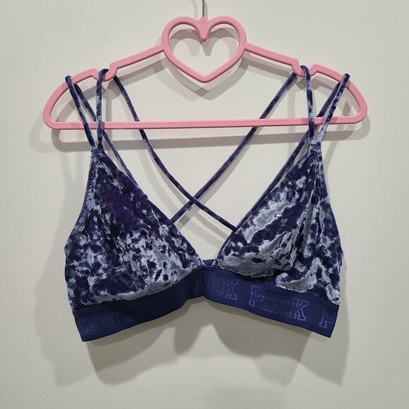 PINK Victoria's Secret Womens Sz L Blue Crushed Velvet Strappy Unlined Bralette - Picture 1 of 7